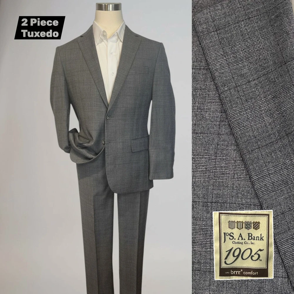 Jos A Bank 1905 Brrr Comfort 40-42R 32x30 Slim Gray Burgundy Glen Plaid Suit
